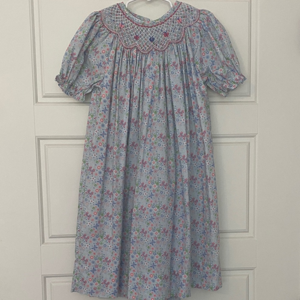 Petit Ami Light Blue Floral Smocked Dress with Pink Accents